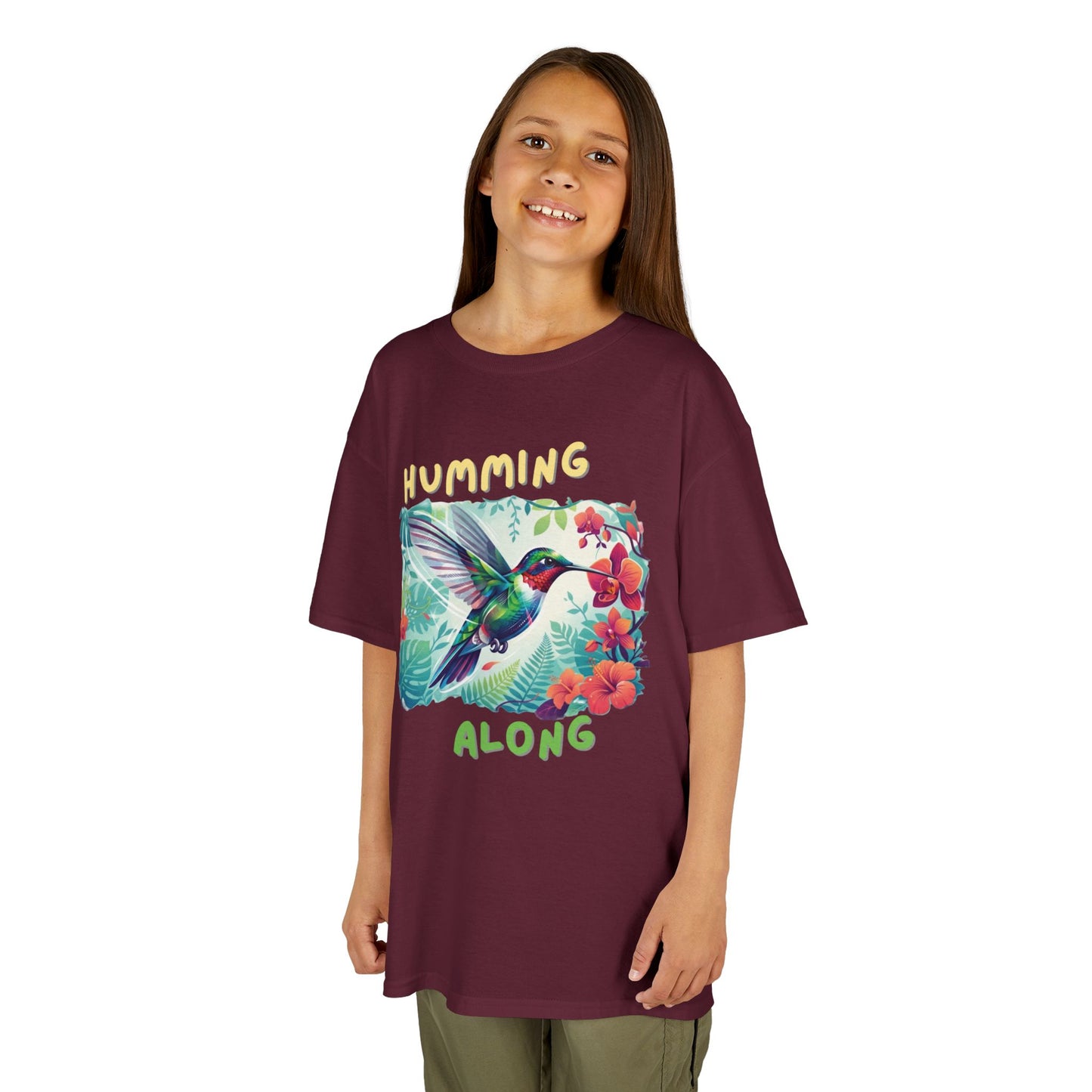 Kids Hummingbird Tee — "Humming Along" Tropical Floral Bird Graphic Shirt for Kids