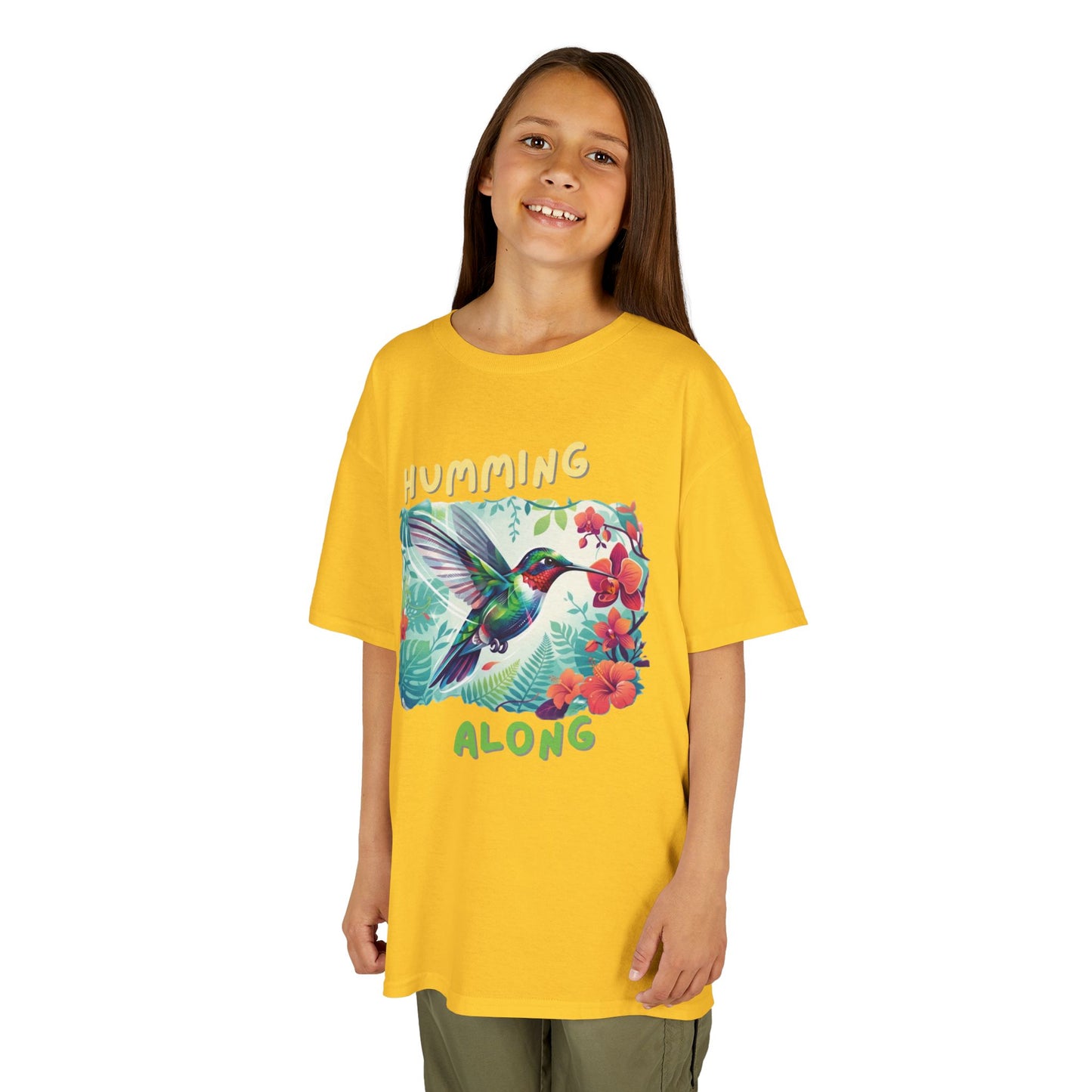 Kids Hummingbird Tee — "Humming Along" Tropical Floral Bird Graphic Shirt for Kids