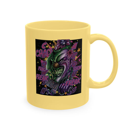 Clownin' Around Ceramic Coffee Mug — Neon Clown Graphic Art Drinkware