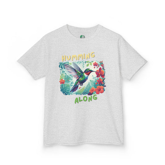 Kids Hummingbird Tee — "Humming Along" Tropical Floral Bird Graphic Shirt for Kids
