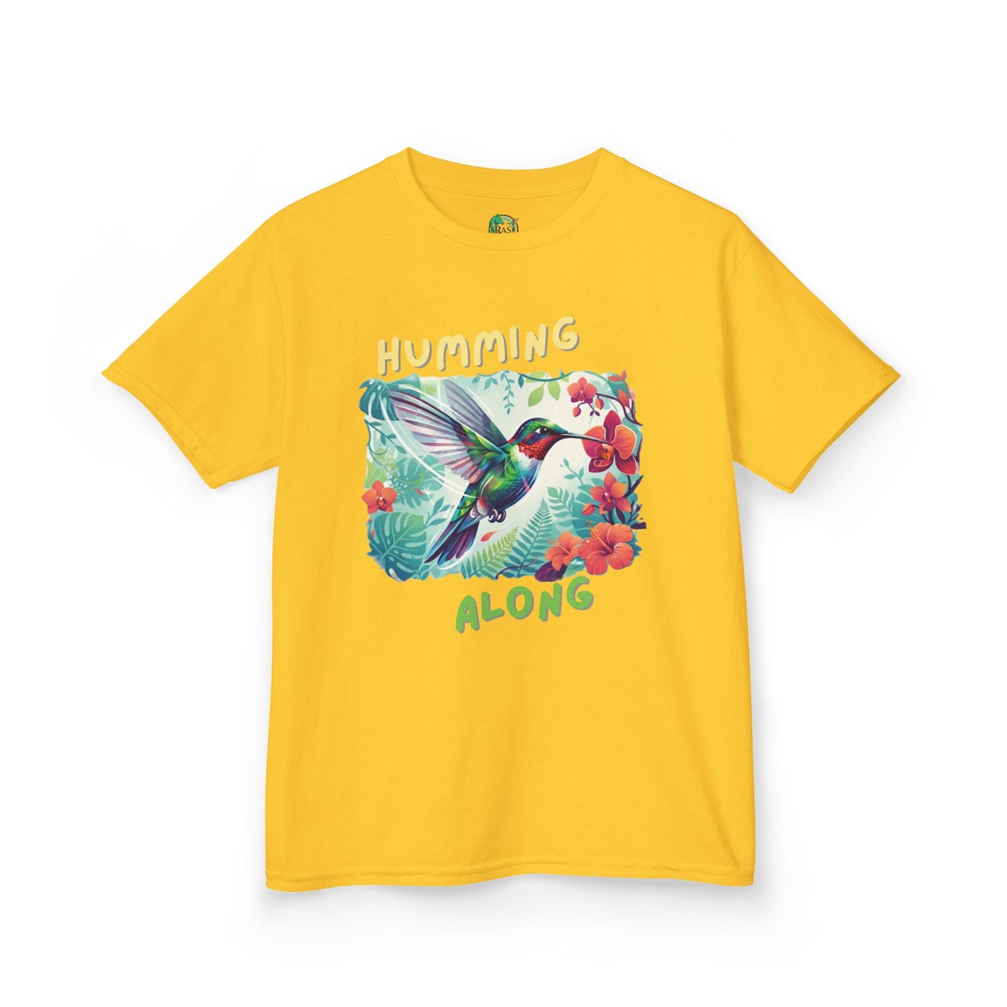 Kids Hummingbird Tee — "Humming Along" Tropical Floral Bird Graphic Shirt for Kids