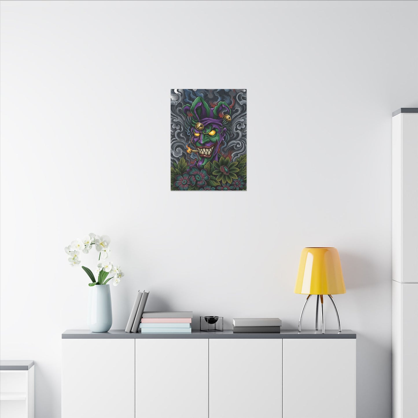 Creepy Jester Canvas Print — Neon Joker Dark Art Wall Decor