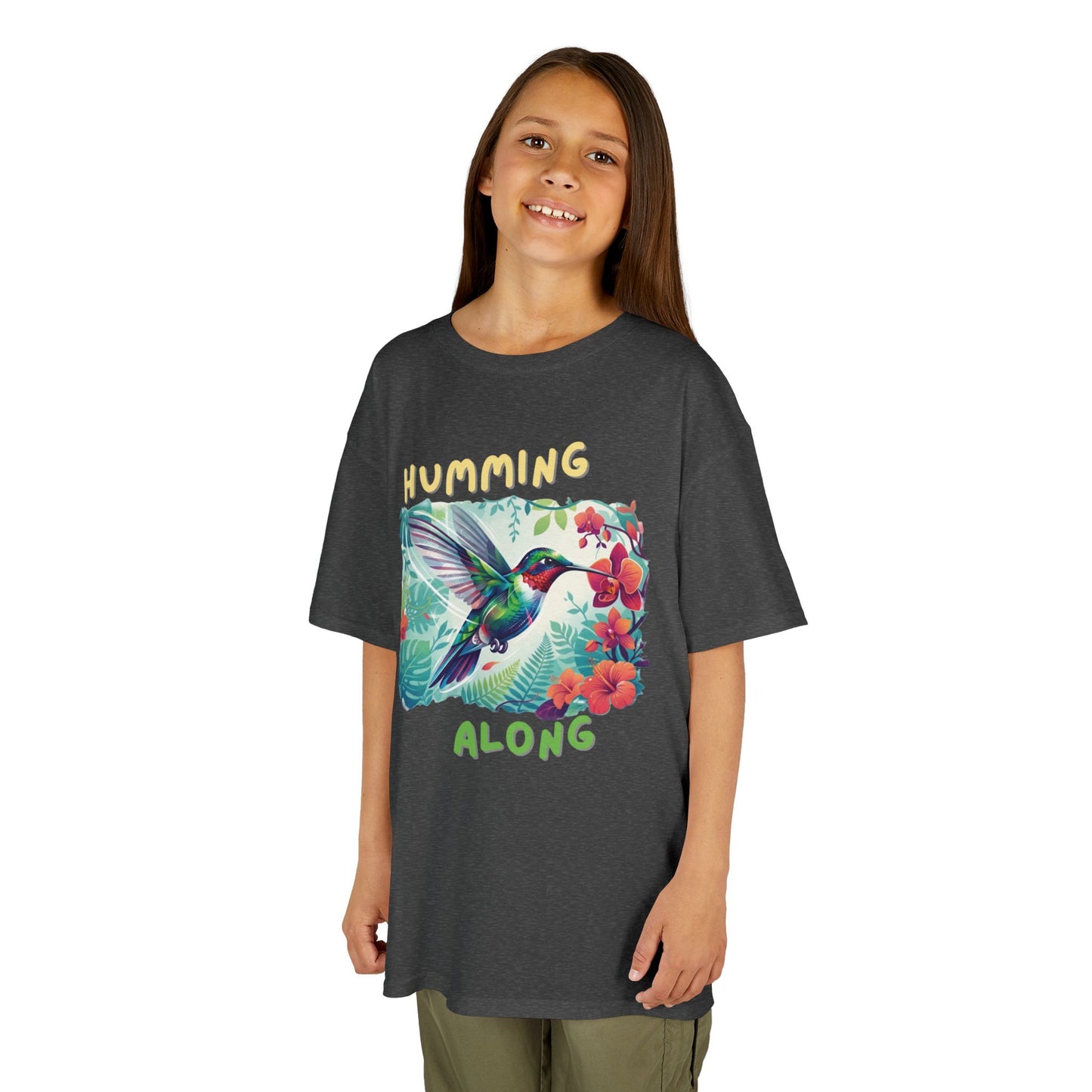 Kids Hummingbird Tee — "Humming Along" Tropical Floral Bird Graphic Shirt for Kids